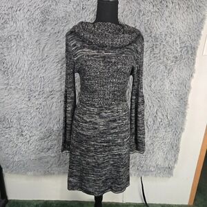 Calvin Klein Sweater Dress Women Medium Black White Marled Cowl Neck Bell Sleeve